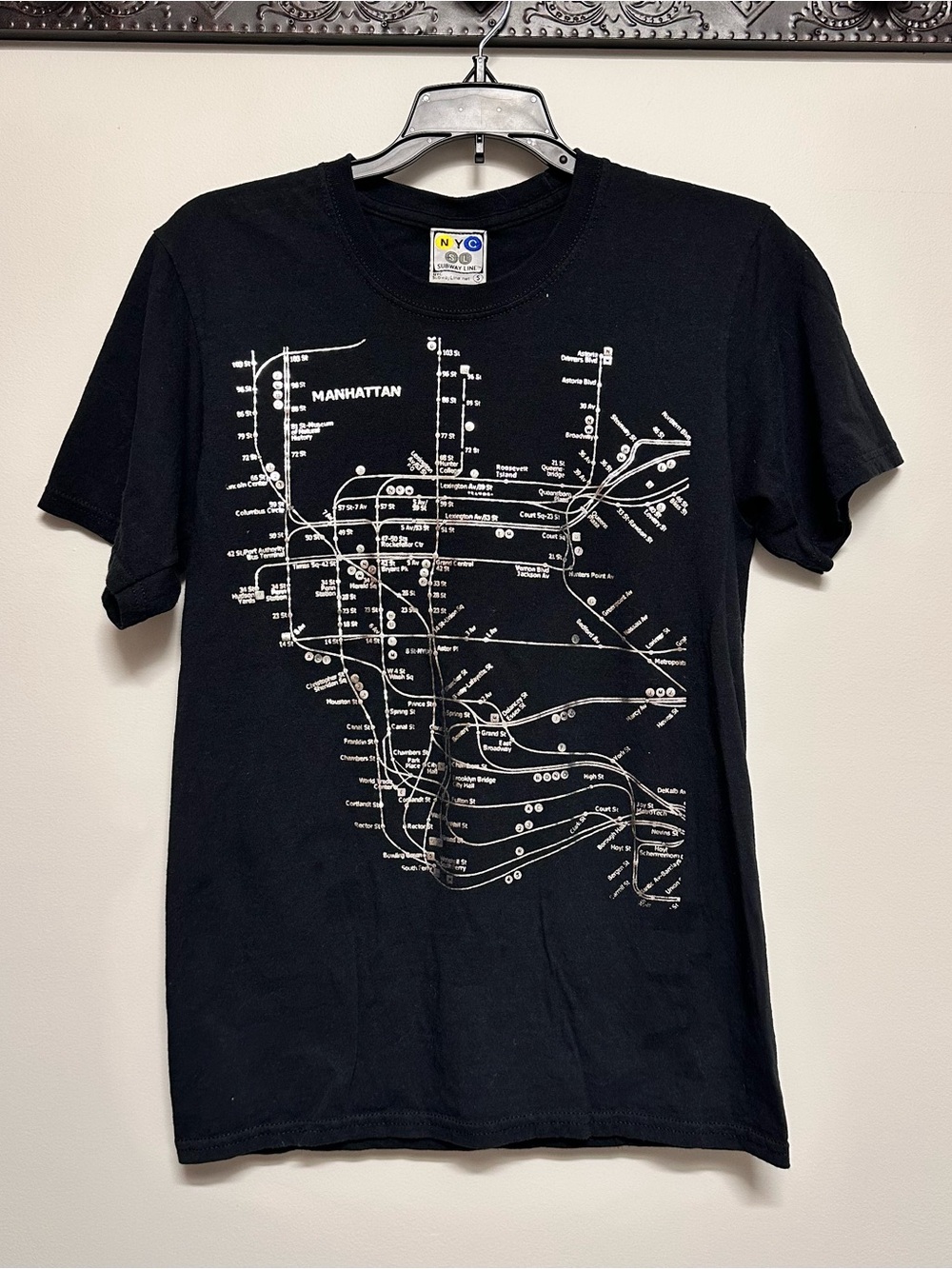 NYC Black Tee with White Manhattan Subway Map Graphic